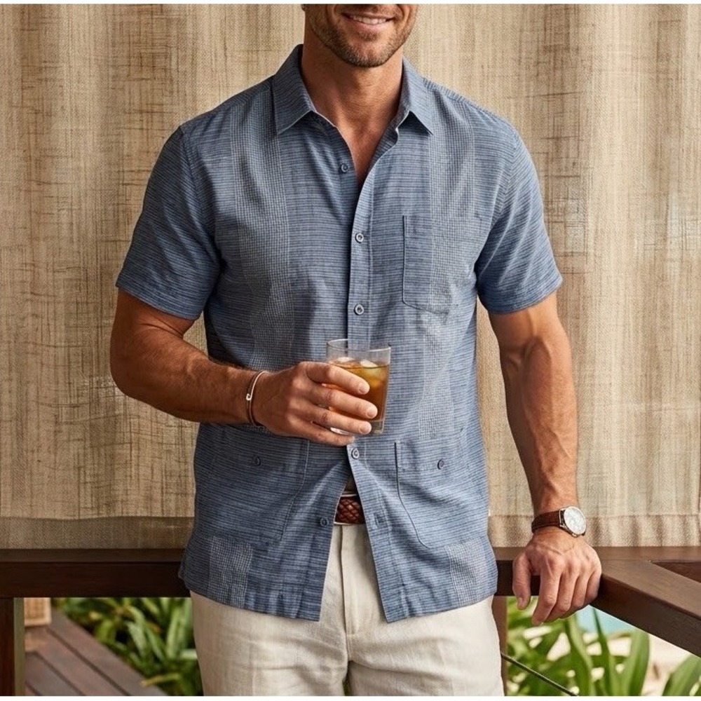 Cubavera Men's Linen Button Down Shirt Blue Sz M Pockets Short Sleeve Vacation